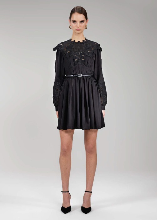 [SELF-PORTRAIT] Black Viscose Chemical Lace Bib Mini Dress
