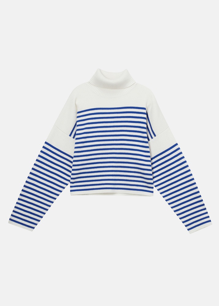 [HIMALAYAN CASHMERE] Striped T-neck Sweater Blue