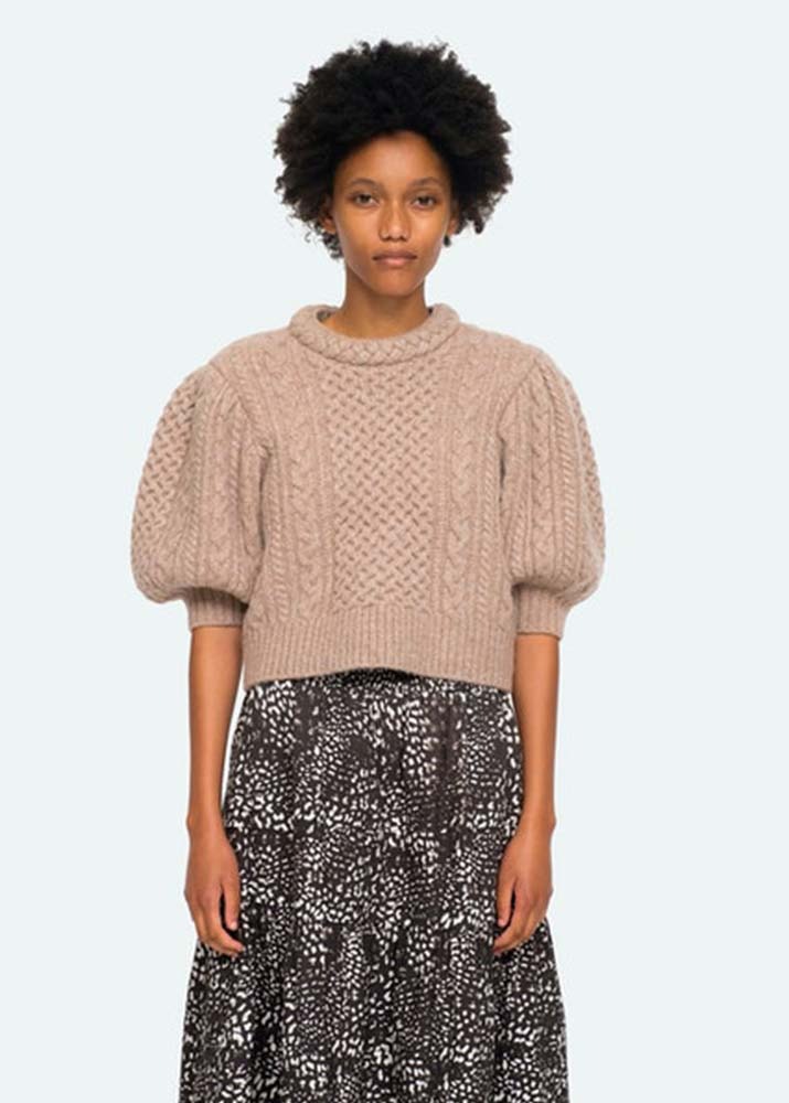 SEA NY _ Ebba Cable Puff Sleeve Sweater Beige