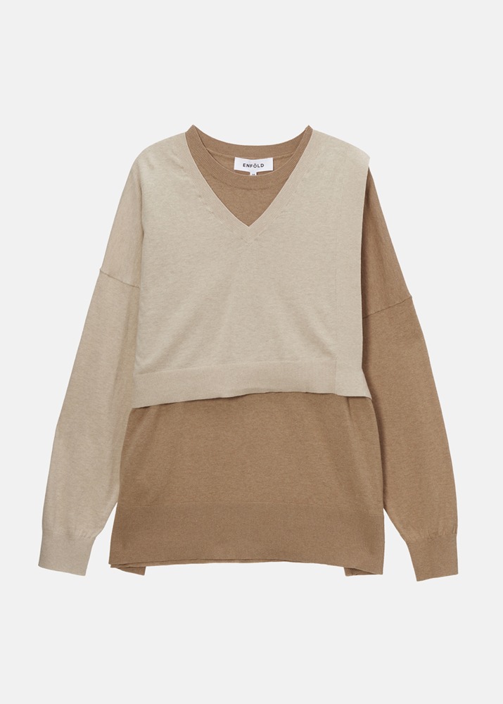 ENFOLD _ Nouvelle Fine Asymmetry Layered Knit Pullover Beige/Brown