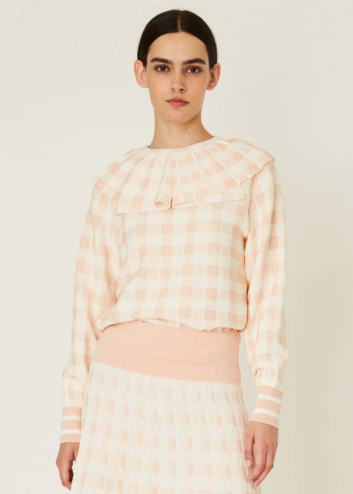 [MOLLI] Gingham Knit Top With Collar Soft Pink