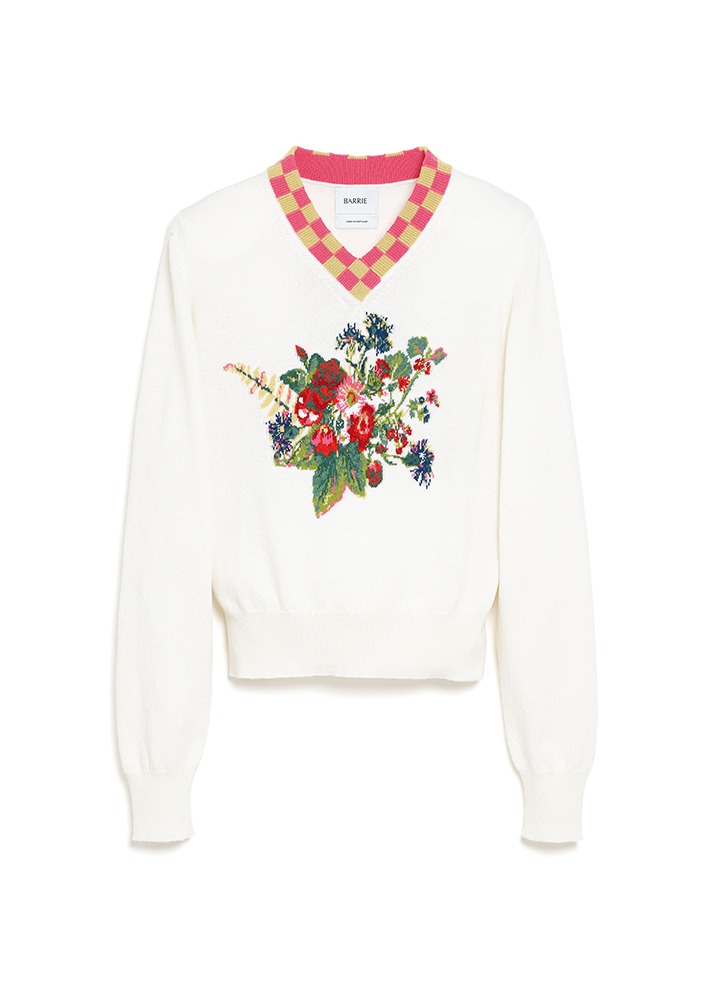 BARRIE _ V-neck Jumper With a Bouquet Motif In Cashmere And Cotton