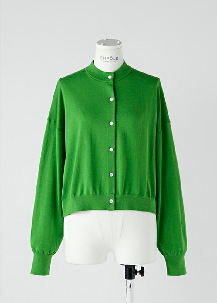 ENFOLD _ Silk Cotton Wide Cropped Stand Cardigan Green