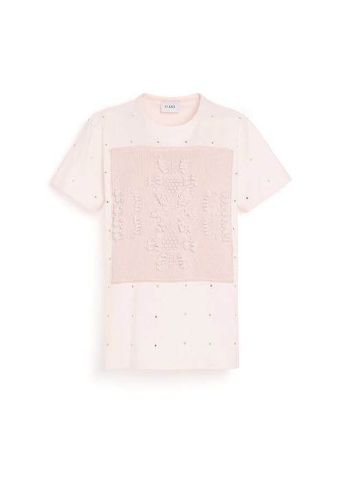 [BARRIE] Ladies T-Shirt With Knitted Barrie Patch &amp; Strass Applied Light Pink