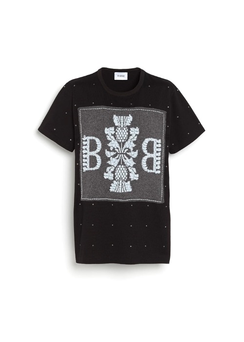 [BARRIE] Ladies T-Shirt With Knitted Barrie Patch &amp; Strass Applied Black