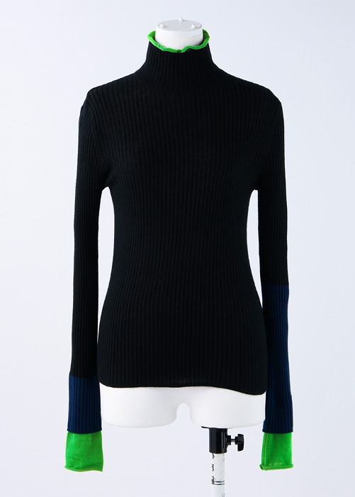 [ENFOLD] High-neck rib bicolor Pullover Black