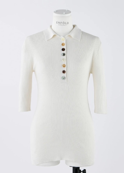 [ENFOLD] Ribbed Half Sleeve Polo Shirt White
