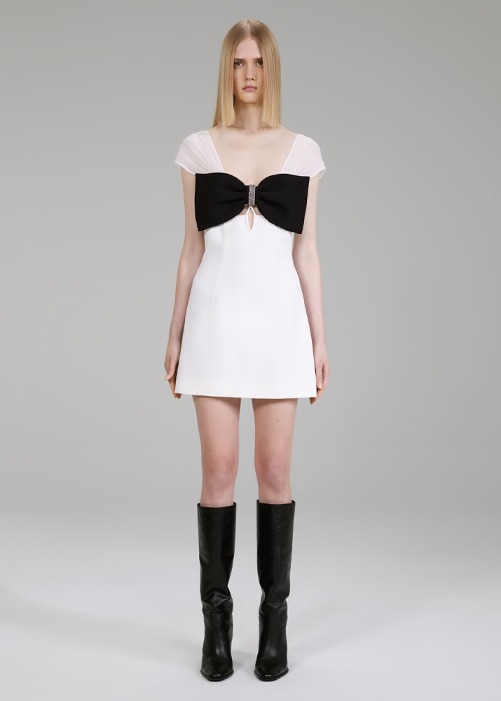 [SELF-PORTRAIT] White And Black Crepe Bow Mini Dress