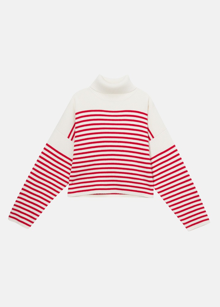 HIMALAYAN CASHMERE _ Striped T-neck Sweater Red