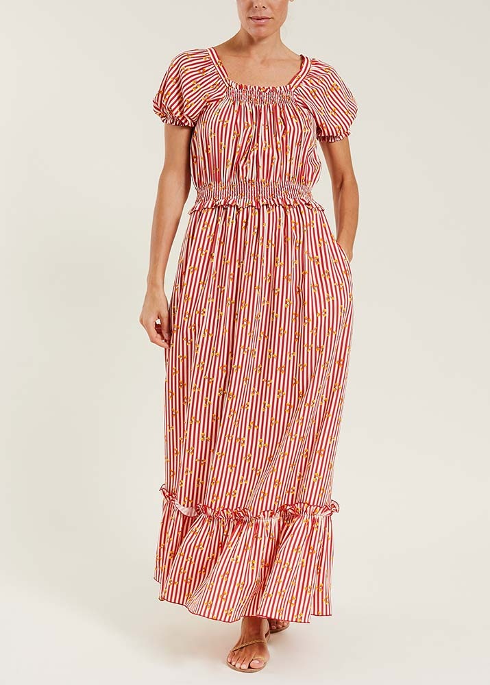 LORETTA CAPONI _ Volants And Embroidered Long Dress With Pleats