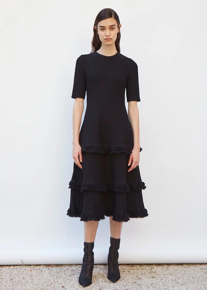 MOLLI _ Cheveron Knit Flowing Long Dress With Fringed Details Black